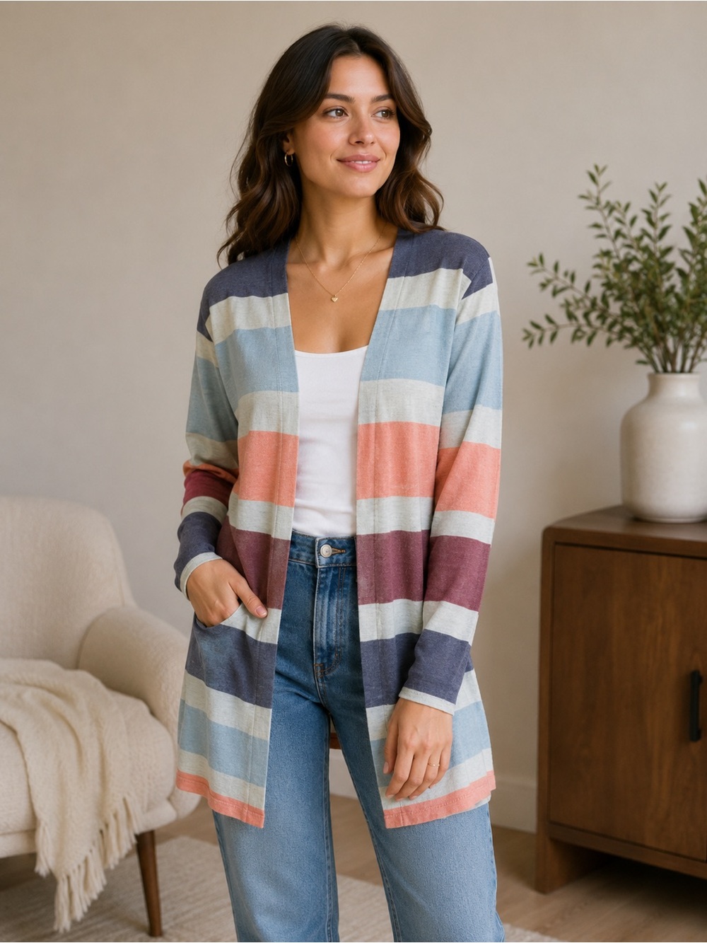 Boutique Cardigan  Lightweight In Stripe  Size: Small